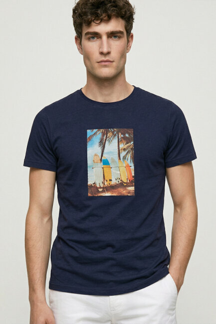 Navy Blue 100% Cotton Printed T-shirt - 1