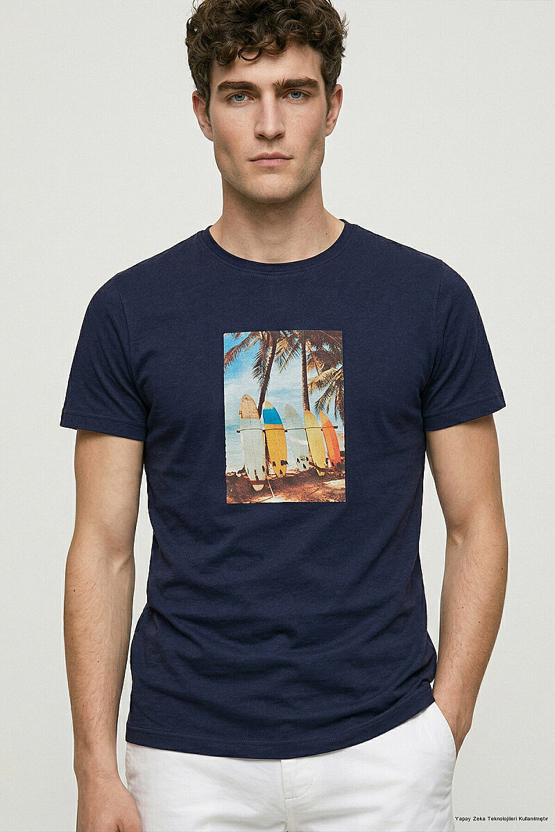 Navy Blue 100% Cotton Printed T-shirt