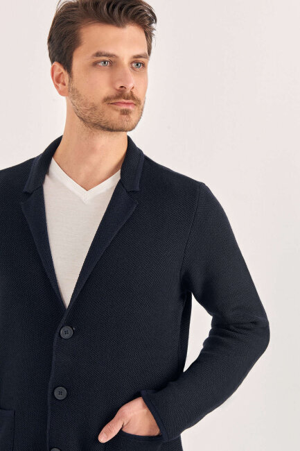 Navy Blue Wool Knitted Jacket - 3