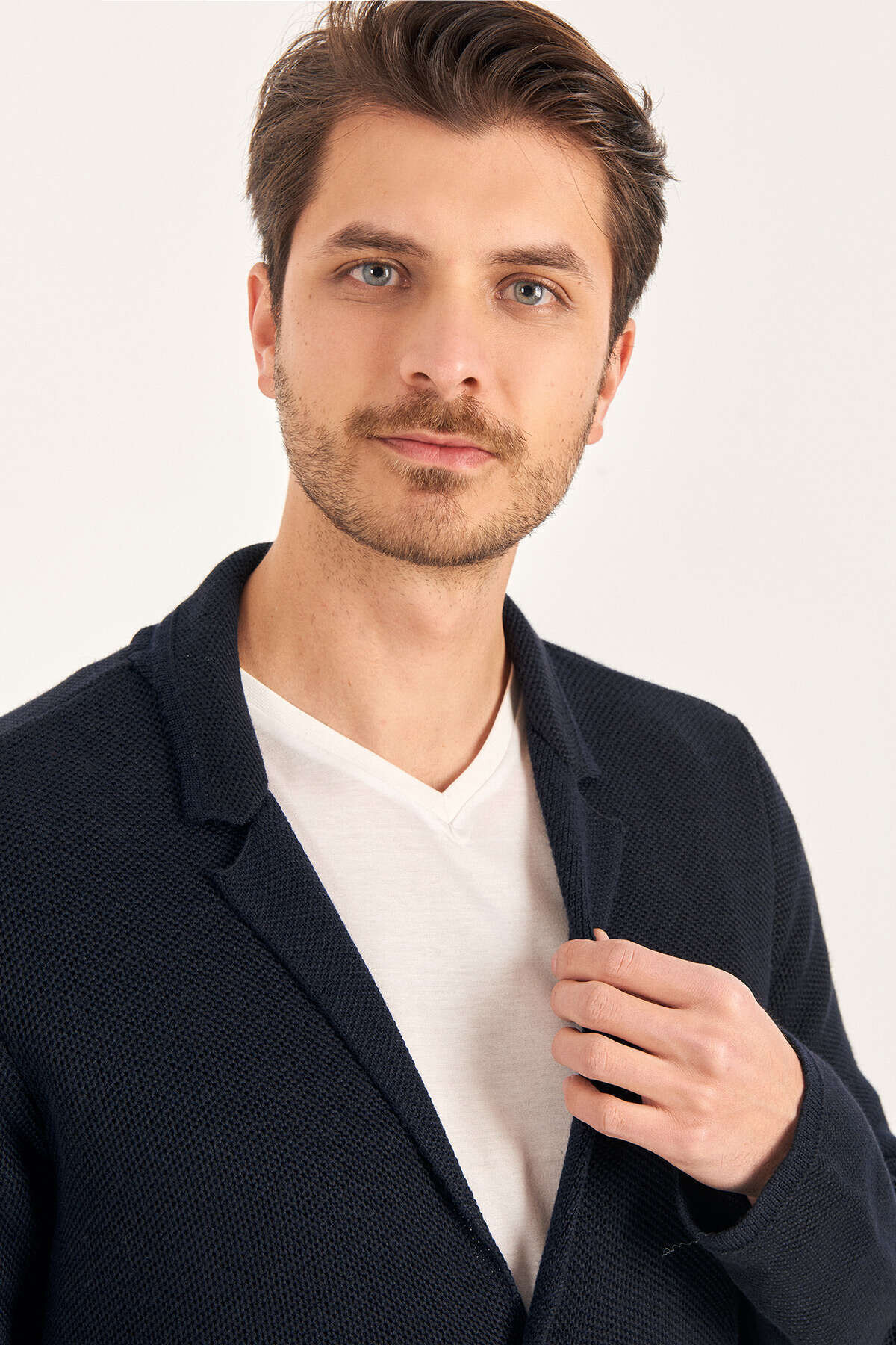 Navy Blue Wool Knitted Jacket - 5