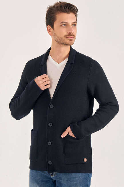 Navy Blue Wool Knitted Jacket - 1