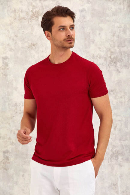 Burgundy Crew Neck Basic T-shirt - 4