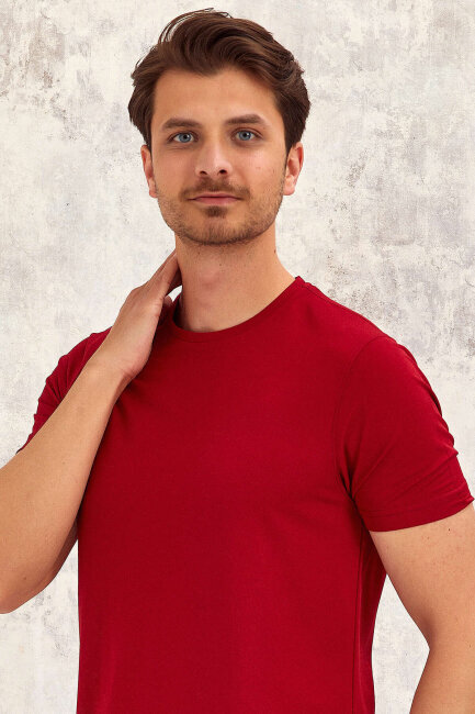 Burgundy Crew Neck Basic T-shirt - 6