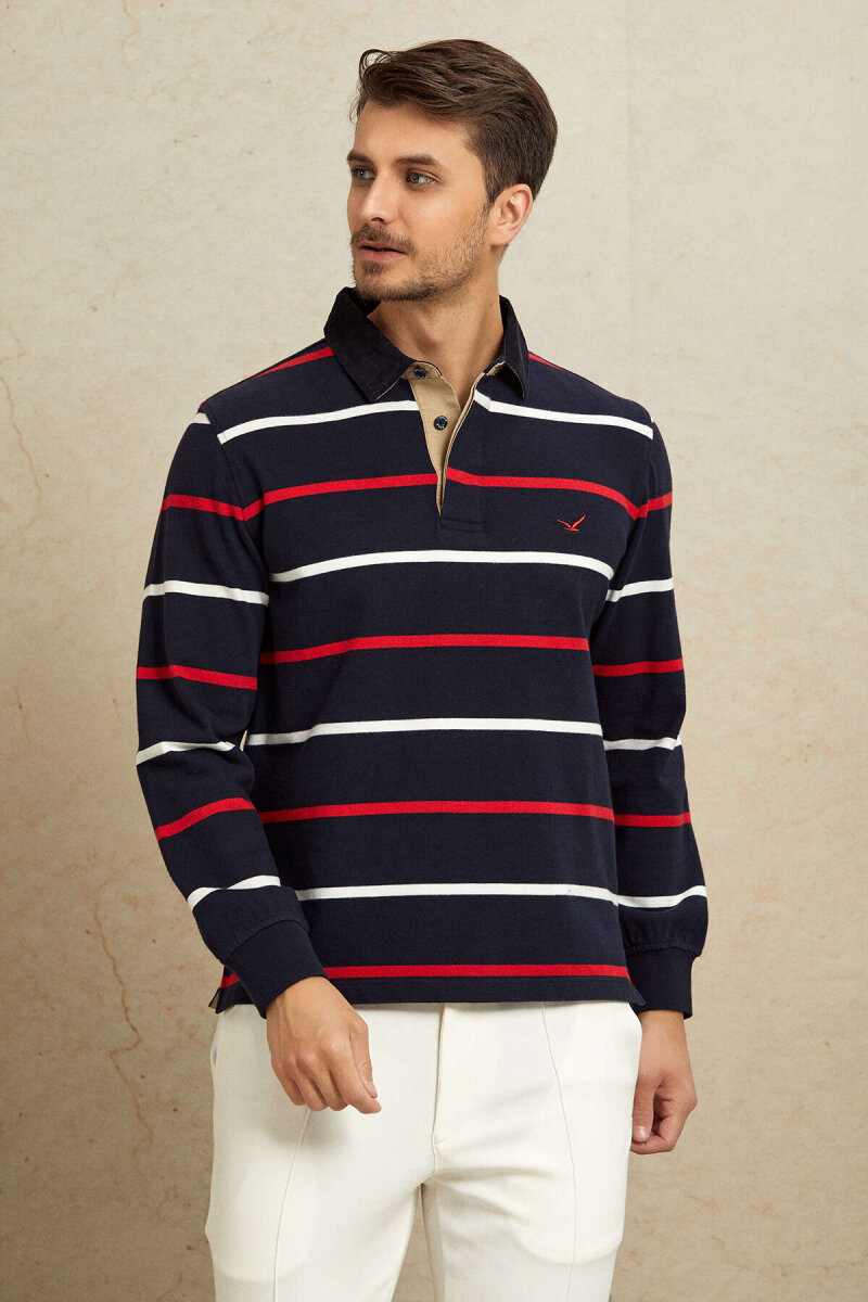 Lacivert - Kırmızı %100 Pamuk Kadife Yaka Sweatshirt - 6