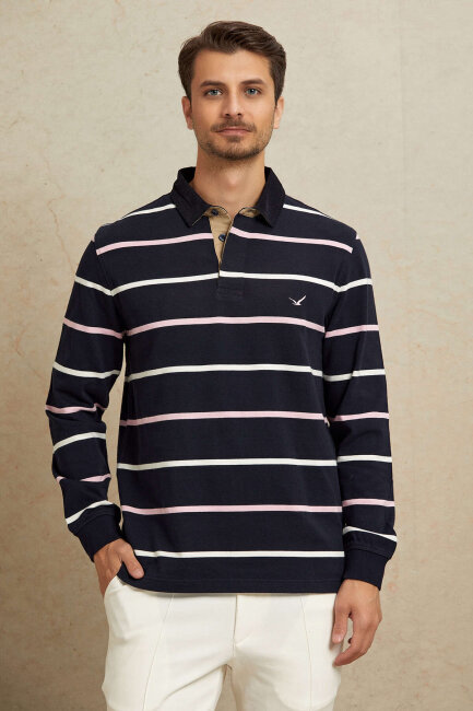 Lacivert - Pembe %100 Pamuk Kadife Yaka Sweatshirt - 5
