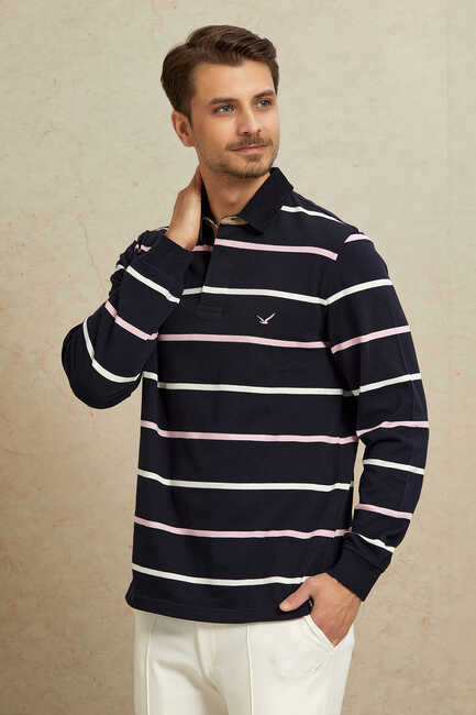 Lacivert - Pembe %100 Pamuk Kadife Yaka Sweatshirt - 1