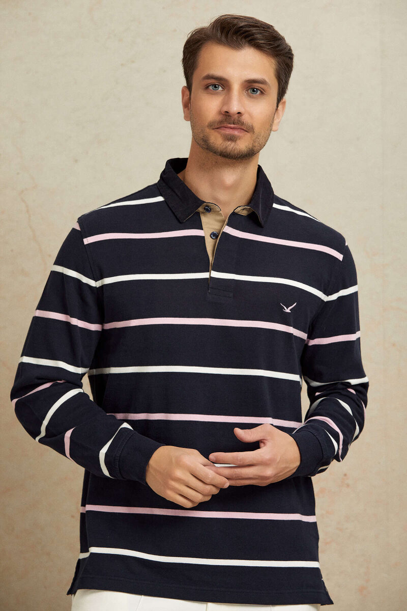 Lacivert - Pembe %100 Pamuk Kadife Yaka Sweatshirt - 2