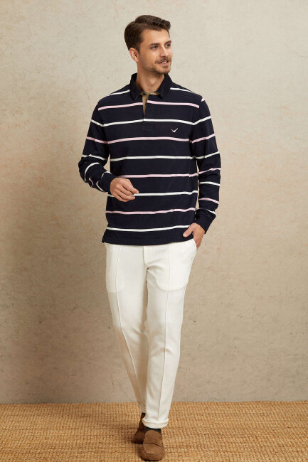 Lacivert - Pembe %100 Pamuk Kadife Yaka Sweatshirt - 3