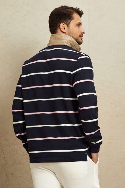 Lacivert - Pembe %100 Pamuk Kadife Yaka Sweatshirt - 6