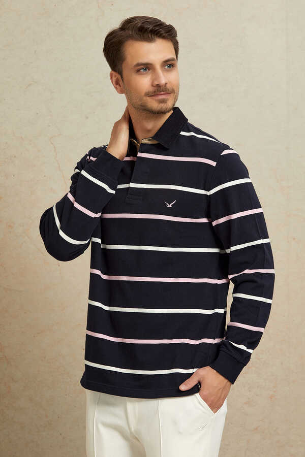 Lacivert - Pembe %100 Pamuk Kadife Yaka Sweatshirt - 1