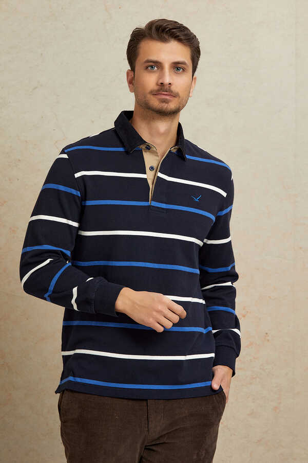 Lacivert - Royale %100 Pamuk Kadife Yaka Sweatshirt