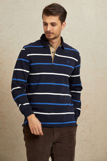 Lacivert - Royale %100 Pamuk Kadife Yaka Sweatshirt - 2