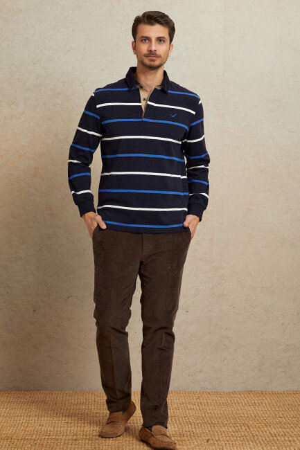 Lacivert - Royale %100 Pamuk Kadife Yaka Sweatshirt - 3