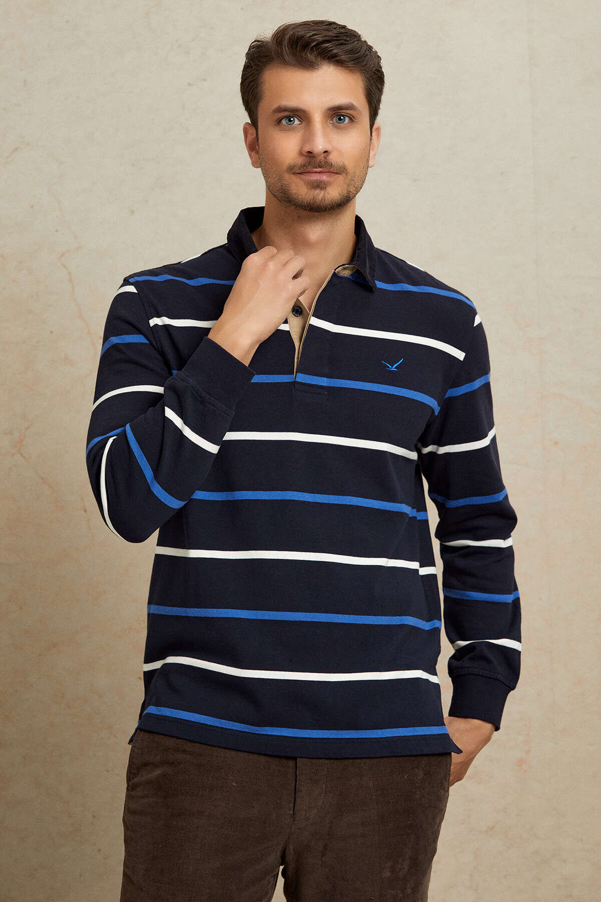 Lacivert - Royale %100 Pamuk Kadife Yaka Sweatshirt - 4