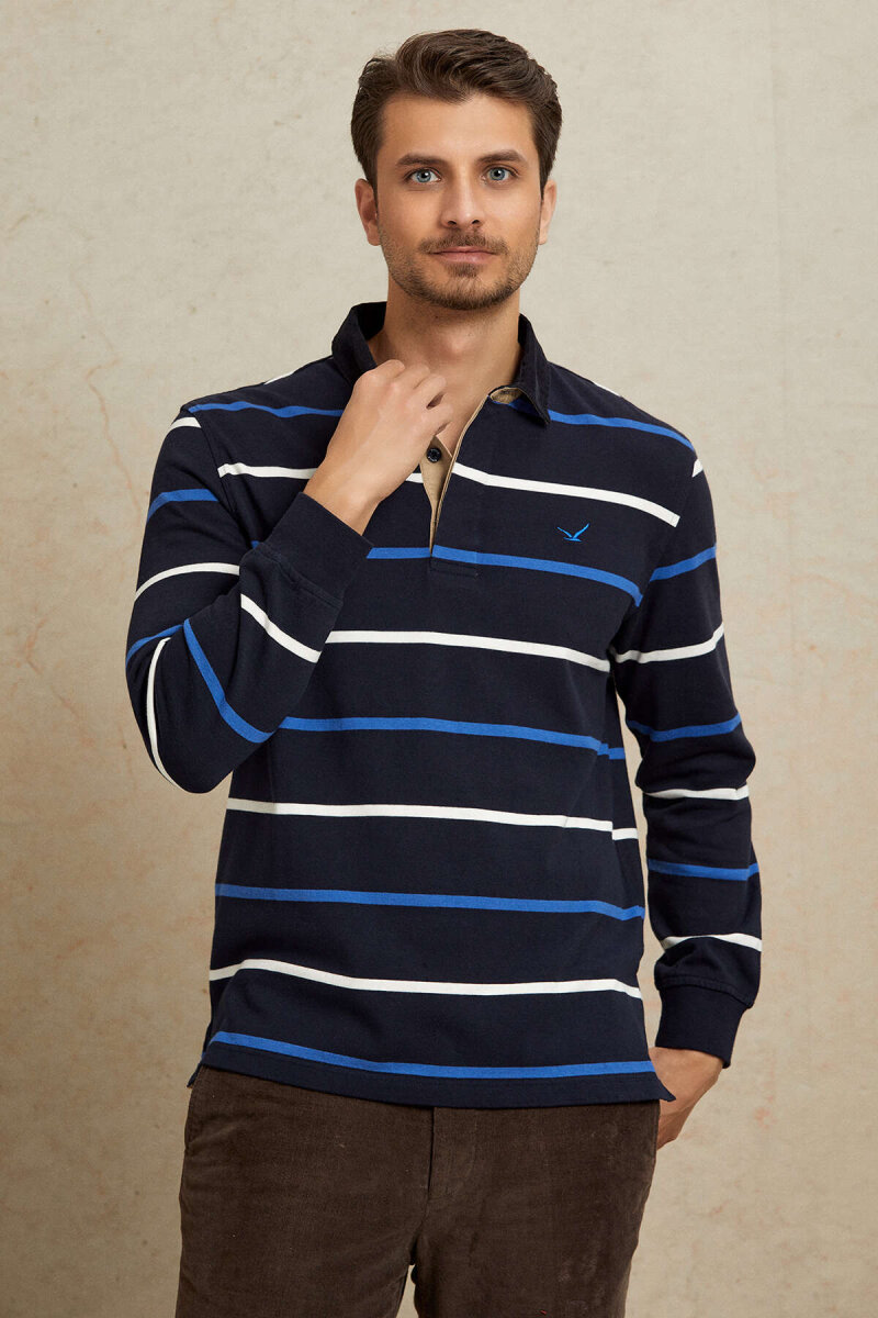 Lacivert - Royale %100 Pamuk Kadife Yaka Sweatshirt - 4