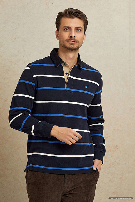 Lacivert - Royale %100 Pamuk Kadife Yaka Sweatshirt - 1