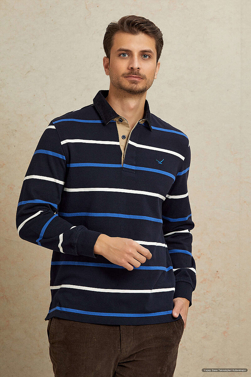 Lacivert - Royale %100 Pamuk Kadife Yaka Sweatshirt (1)