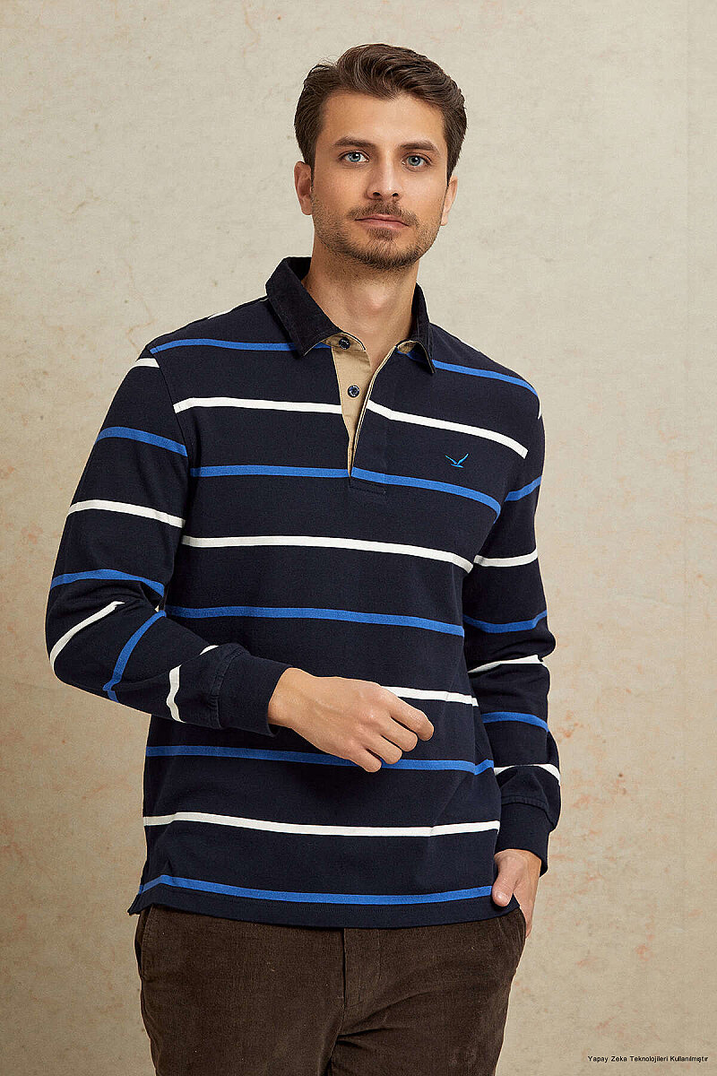 Lacivert - Royale %100 Pamuk Kadife Yaka Sweatshirt