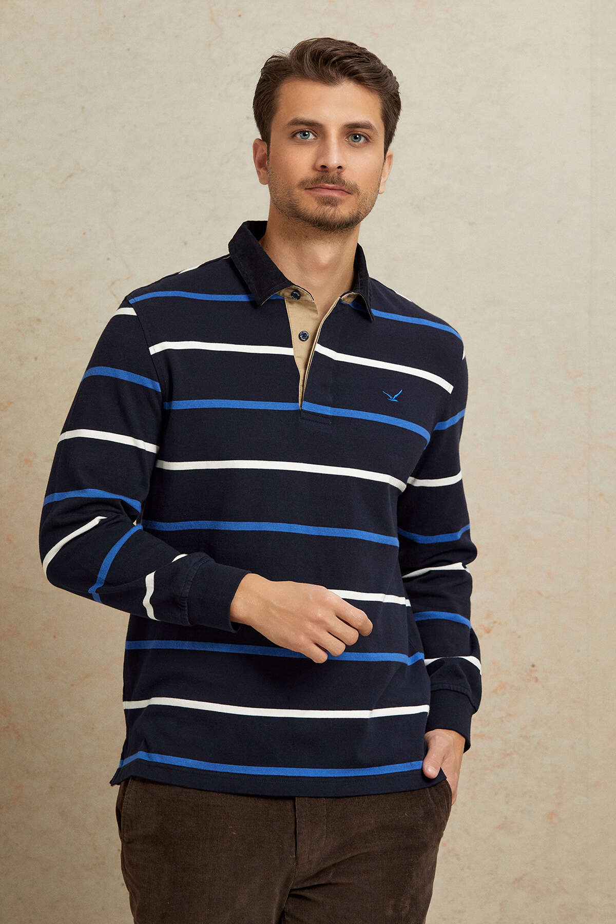 Lacivert - Royale %100 Pamuk Kadife Yaka Sweatshirt - 1