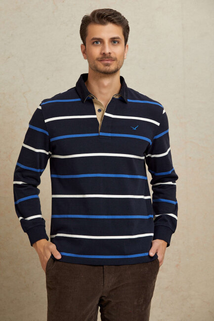 Lacivert - Royale %100 Pamuk Kadife Yaka Sweatshirt - 5